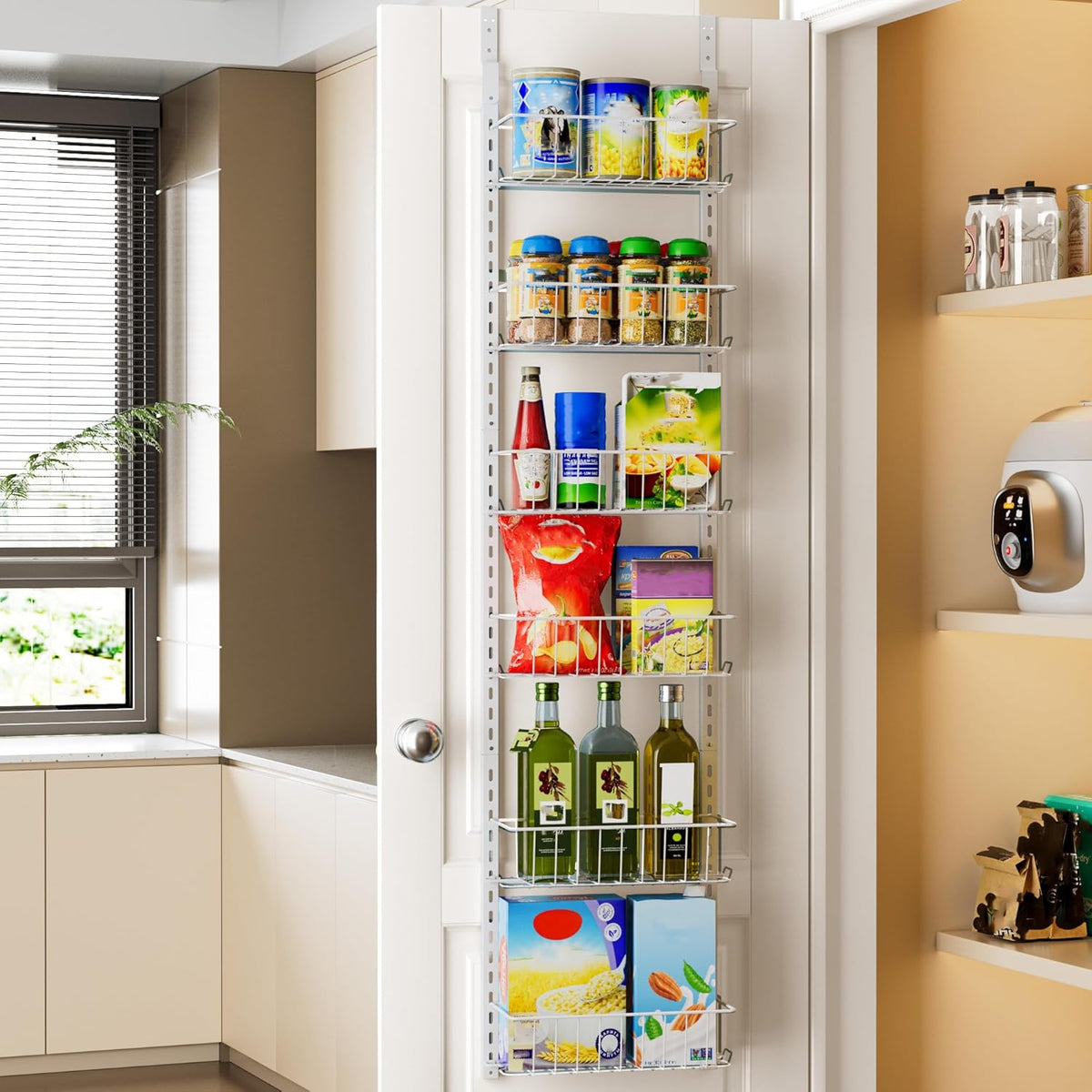 Delamu Adjustable Cabinet Door Organizer, 6-Tier Hanging Spice Rack Organizer, Metal Over the Door Pantry Organizer, Pantry Organizers and Storage Shelves for Kitchen Bathroom Laundry Room, White M