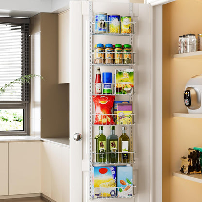 Delamu Adjustable Cabinet Door Organizer, 6-Tier Hanging Spice Rack Organizer, Metal Over the Door Pantry Organizer, Pantry Organizers and Storage Shelves for Kitchen Bathroom Laundry Room, White M