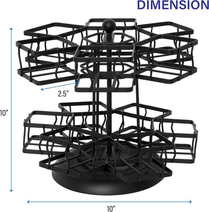 NHZ Tea Bag Organizer - Spinning Carousel Holder With 12 Compartments, Up to 140 Tea Bags Storage, Black Powder Coated Stainless Steel