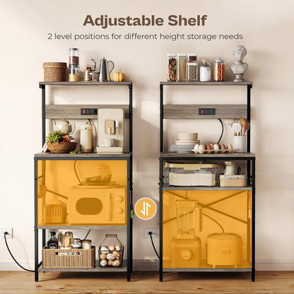 SUPERJARE Kitchen Bakers Rack with Power Outlet, Coffee Bar Table 4 Tiers, Kitchen Microwave Stand with 6 S-shaped Hooks, Storage Shelf Rack for Spices, Pots and Pans - Rustic Brown
