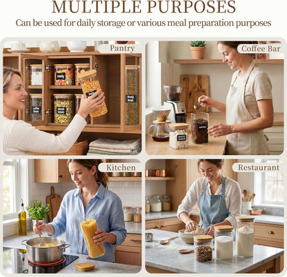 SENTVEND 37 Oz Glass Storage Jars with Bamboo Lids - 6 Pack Clear Glass Canisters Square Airtight Stackable Ideal for Pantry Storage Containers Organizers Great for Storing Oats Coffee Beans Nuts etc