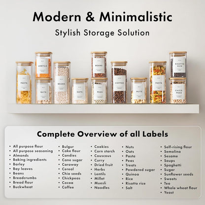 EDELHAUS Square Glass Storage Containers with Bamboo Lids 12-Pack (4x 30 oz, 8x 17 oz) Airtight Glass Storage Jars with Lids for Food, Stackable Glass Kitchen Canisters with 114 Labels for Pantry