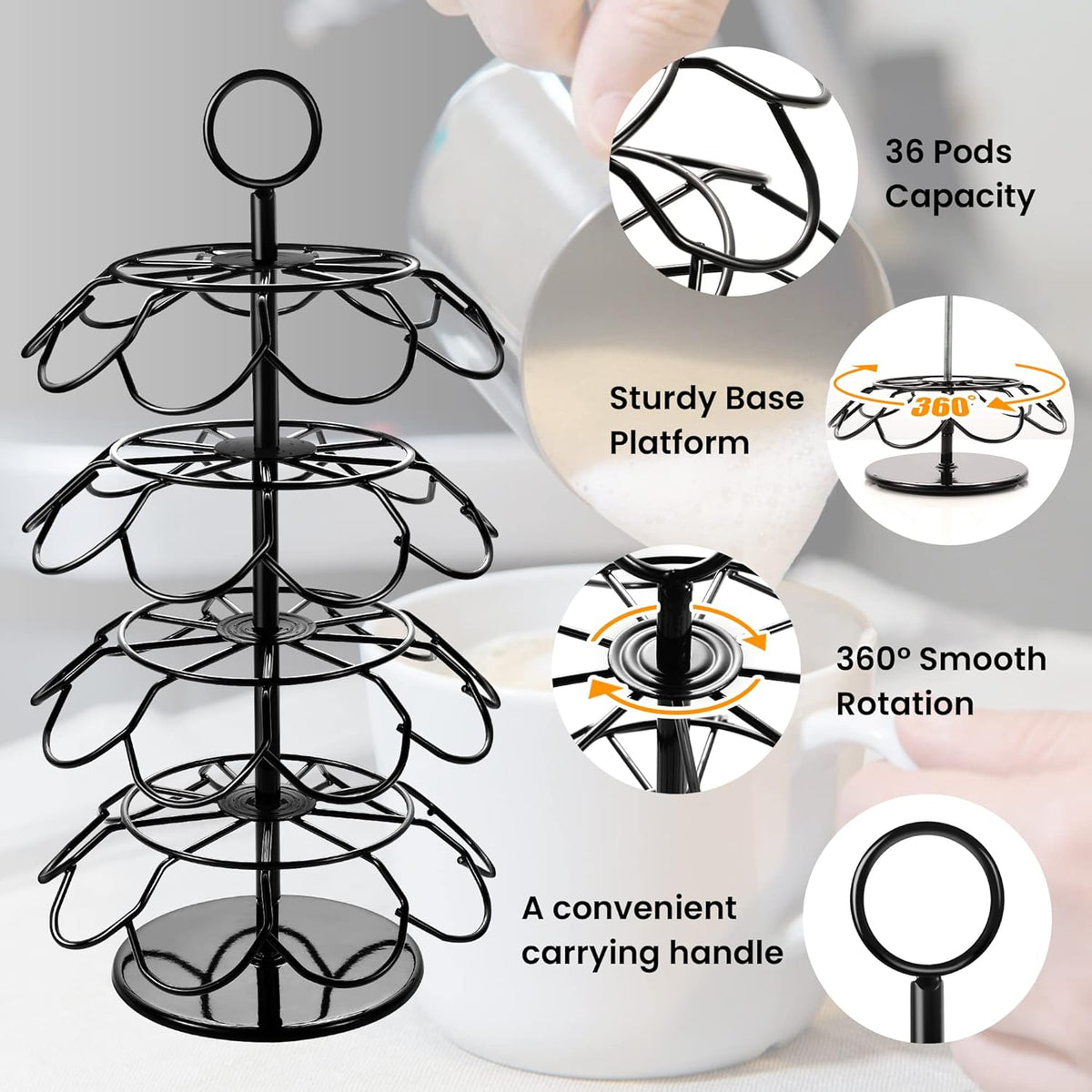 4-Tier K-Cup Holder Compatible with 36 K-Cups, Coffee Pod Carousel, Coffee Pod Storage Stand Detachable Organizer for Countertop, Spins 360-Degrees