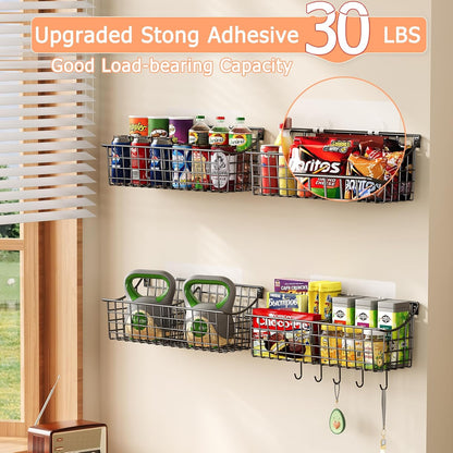 Sonyabecca 6 Pack Hanging Wall Basket for Organizing, Large Wire Basket for Storage Pantry with 5 S Hook+6 Adhesive Hook, Wall Mounted Shelf for Kitchen Bathroom