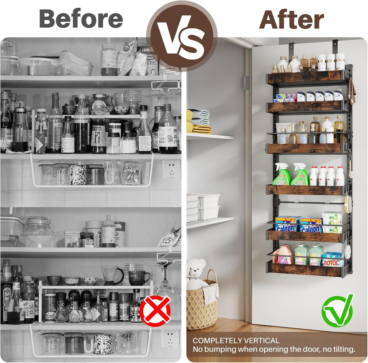 8 Tier Over The Door Pantry Organizer, 2 IN 1 Wall Mount or Metal Hanging Spice Rack for Pantry Organizers and Storage, Seasoning Shelves，Adjustable Basket with Hooks for Kitchen Cabinet and Closet