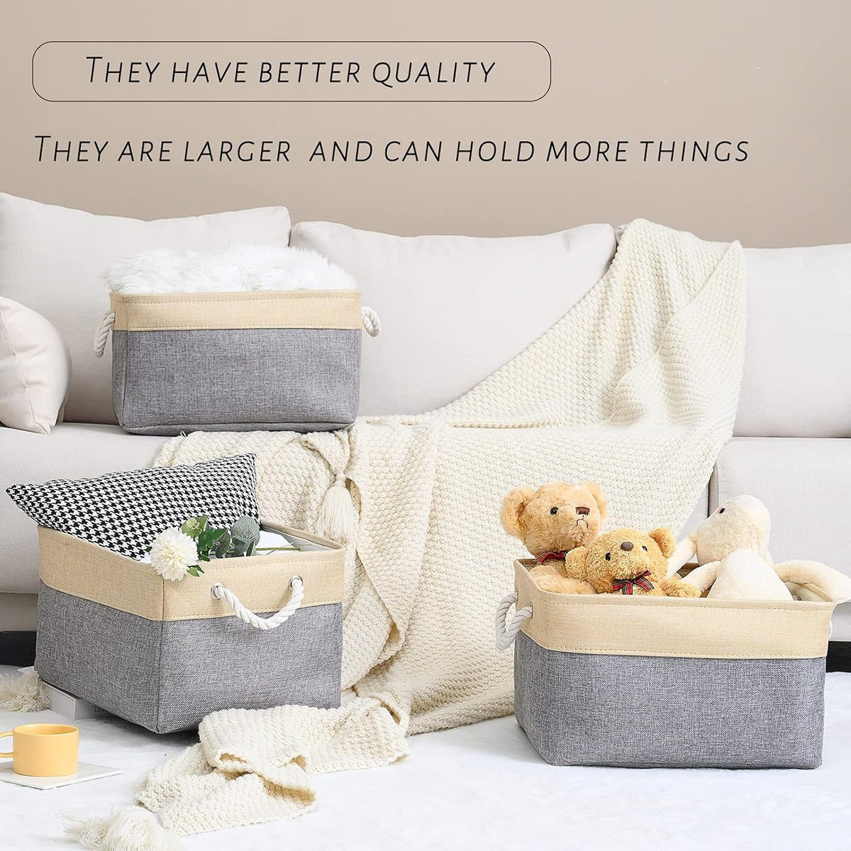 Fabric Storage Bins 12x8x5 inch [6-Pack] with Rope Handles - Decorative Baskets for Organizing