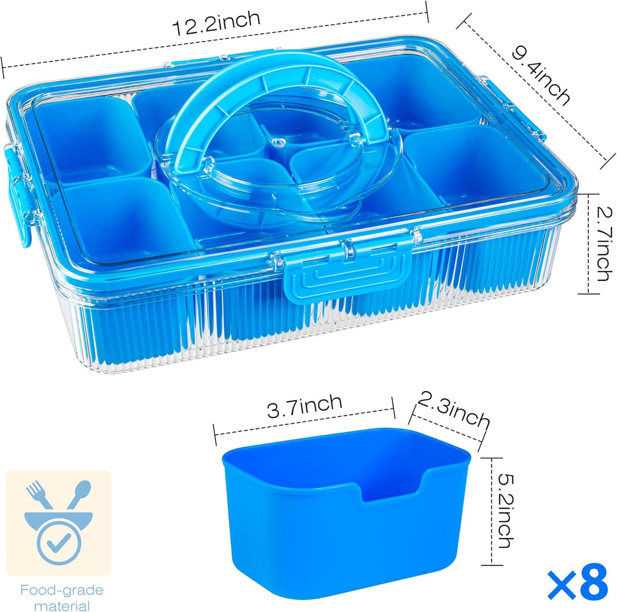 Patent Design Ribbed Snackle Box Container Snack Container Divided Serving Tray with Lid and Handle, 8 Divider Portable Snacklebox for Travel Beach for Charcuterie Veggie Fruit Candy,1 Pack