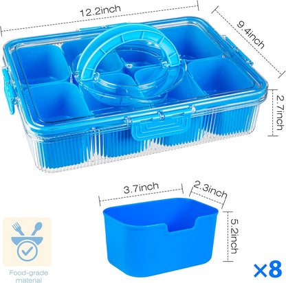 Patent Design Ribbed Snackle Box Container Snack Container Divided Serving Tray with Lid and Handle, 8 Divider Portable Snacklebox for Travel Beach for Charcuterie Veggie Fruit Candy,1 Pack
