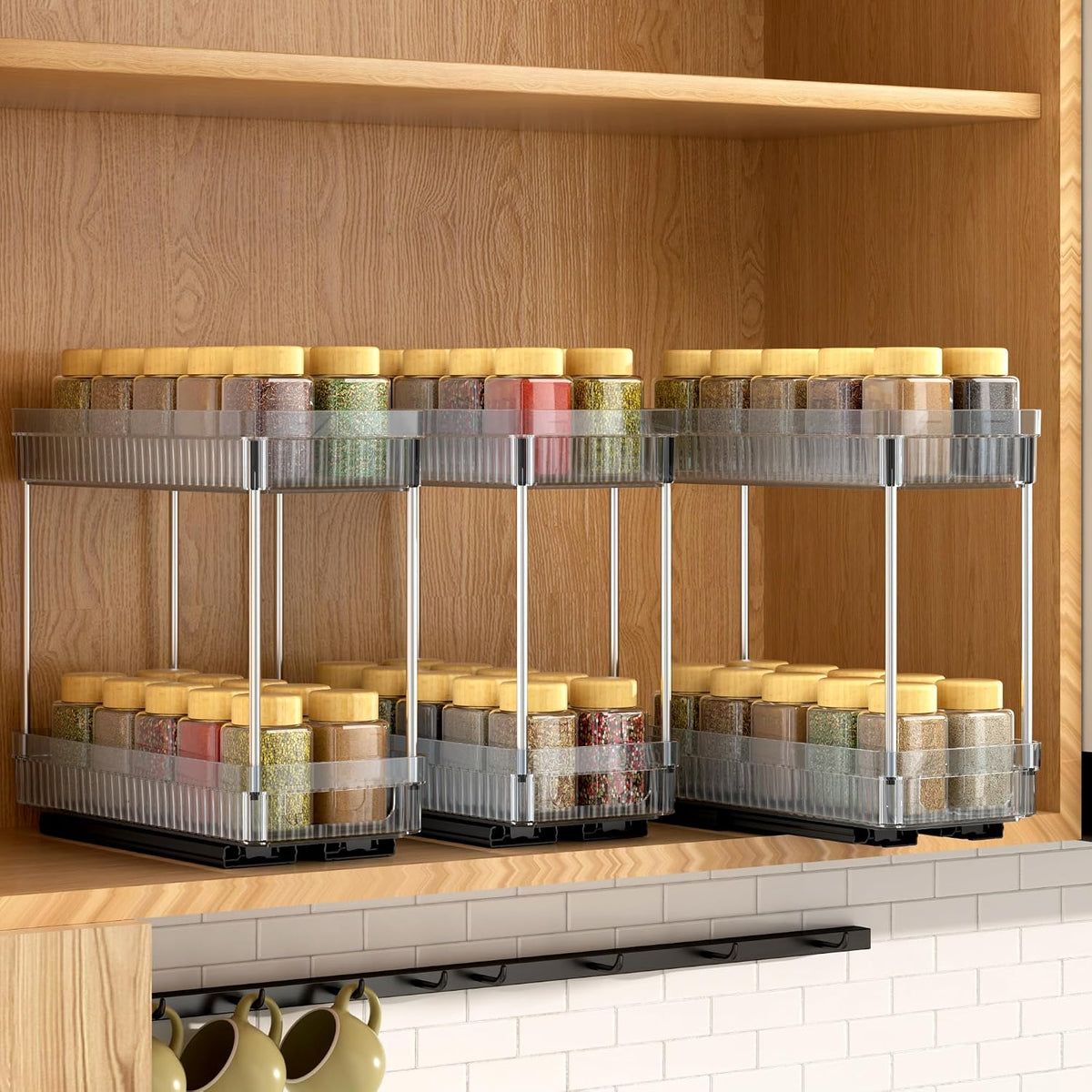 Pull Out Spice Rack Organizer for Cabinet, Slide Out Spice Racks Organizer, Spice Cabinet Organizers, Cabinet Size Need:12'' Highx11'' Deepx5'' Wide,Hold 10 Spice Jar Each Tier-2Tier, Black