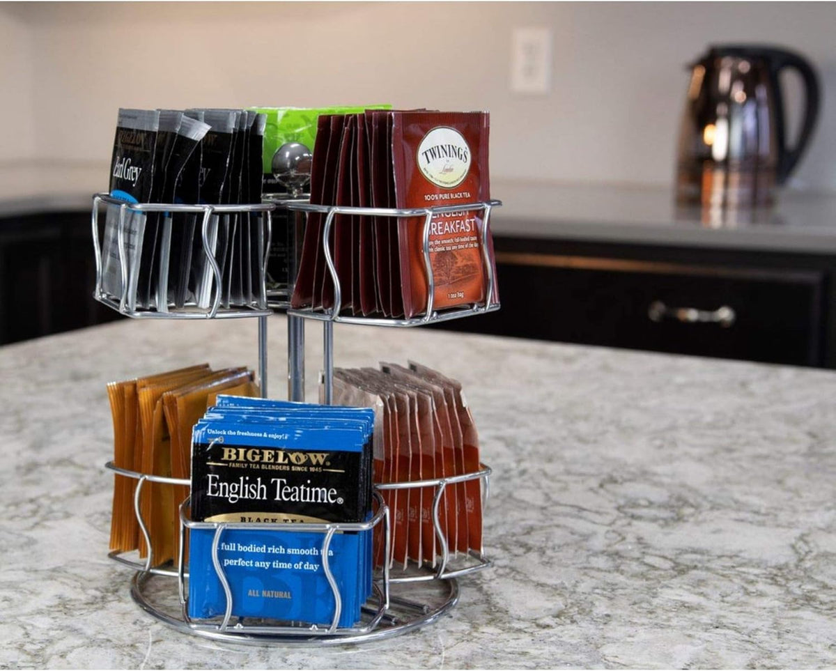 Nifty Tea Bag Spinning Carousel – 6 Compartments, Up to 60 Tea Bags Storage, Spins 360-Degrees, Lazy Susan Platform, Modern White Design, Home or Office Kitchen Counter Organizer