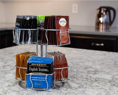 Nifty Tea Bag Spinning Carousel – 6 Compartments, Up to 60 Tea Bags Storage, Spins 360-Degrees, Lazy Susan Platform, Modern White Design, Home or Office Kitchen Counter Organizer
