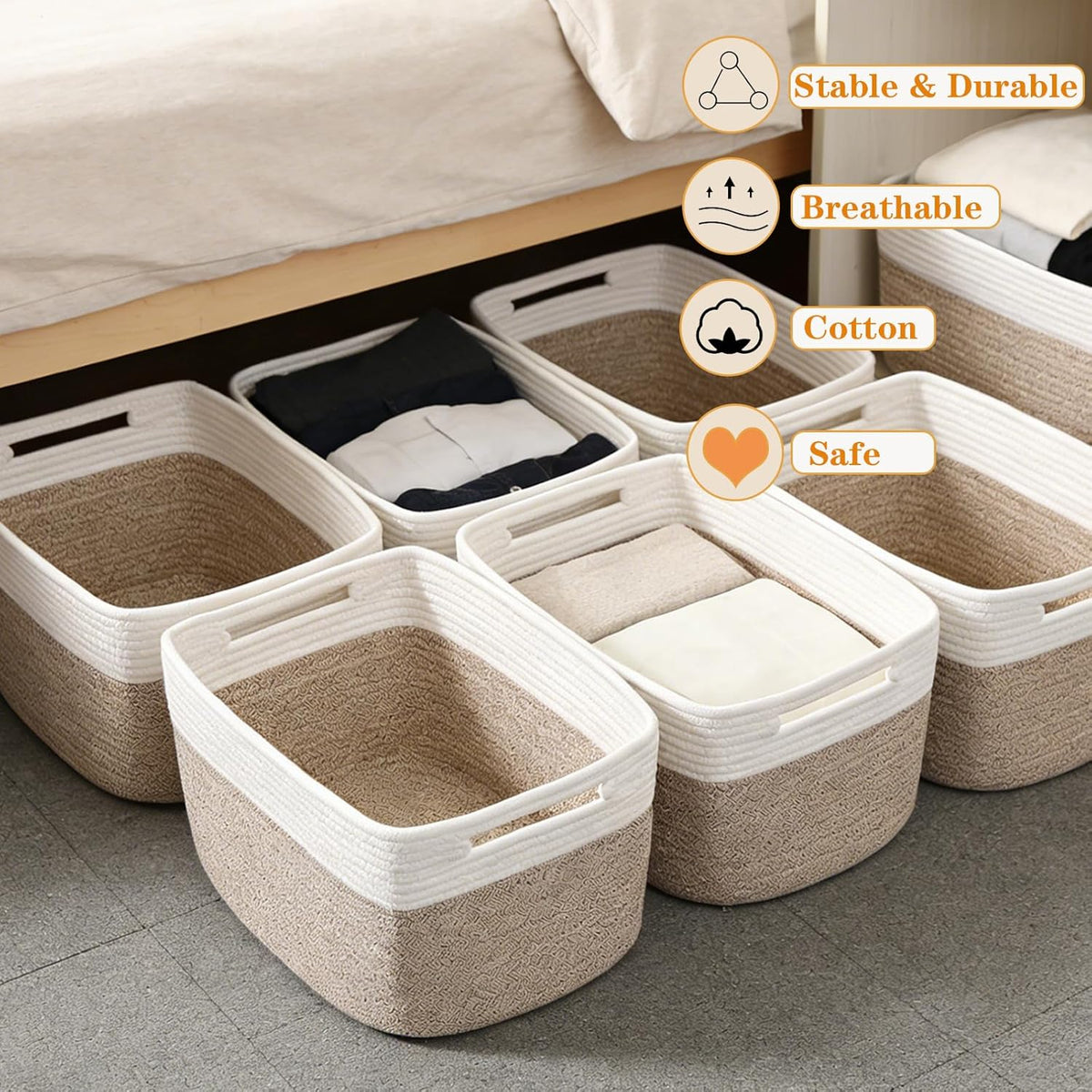 3 Pack Woven Rope Storage Baskets for Shelves,13.5"×11"×9.5" Storage Bins with Handles,Empty Gift Baskets,Nursery Organizer for Toys,Towels,Books,Closet,Living Room,Bedroom (White & Brown)