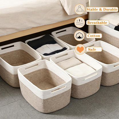 3 Pack Woven Rope Storage Baskets for Shelves,13.5"×11"×9.5" Storage Bins with Handles,Empty Gift Baskets,Nursery Organizer for Toys,Towels,Books,Closet,Living Room,Bedroom (White & Brown)