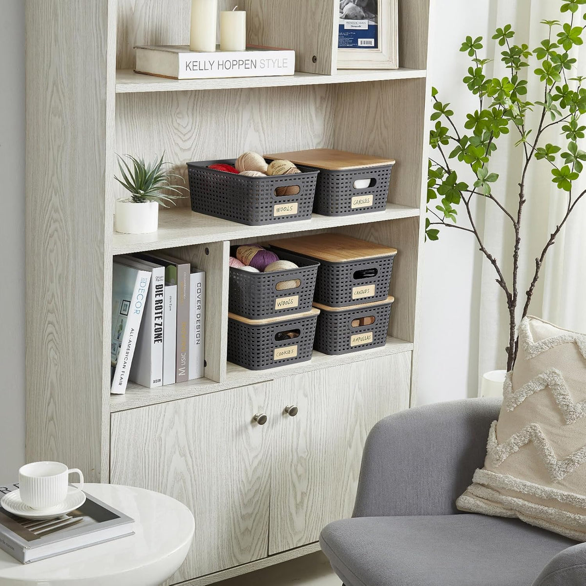 Bagnizer Small Plastic Storage Bins with Bamboo Lids 5.2qt Stackable Box Basket Pantry Decorative Containers Cute with Labels for Organizing Desktop Closet Office Cream White of 10*7.2*4.1"