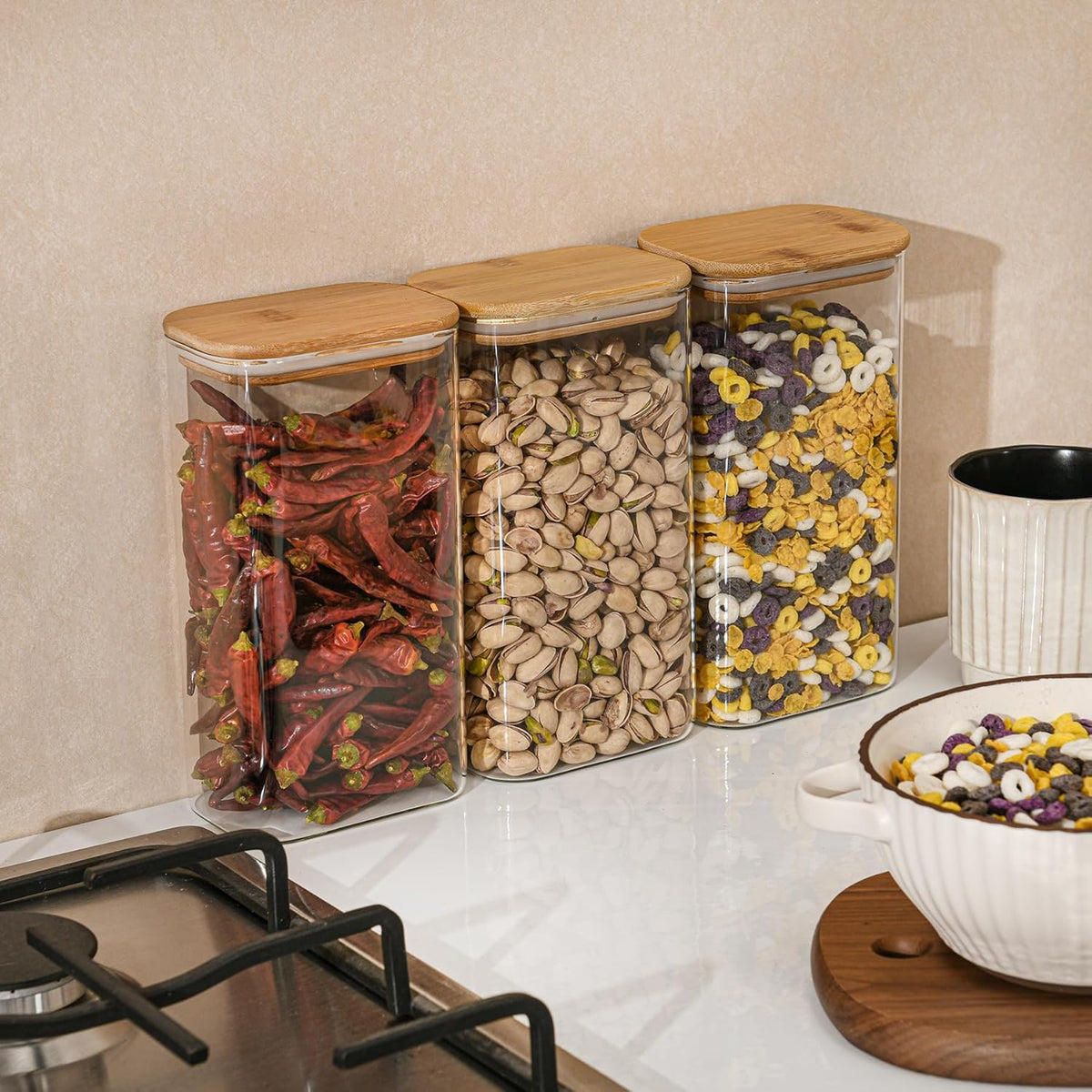 D2scrma 37oz Rectangle Airtight Glass Storage Containers with Bamboo Lids (Set of 6), Square Food Storage Jar, Pantry Organizers for Cereal, Nuts, Snacks and Coffee beans (‎with Black Lable)