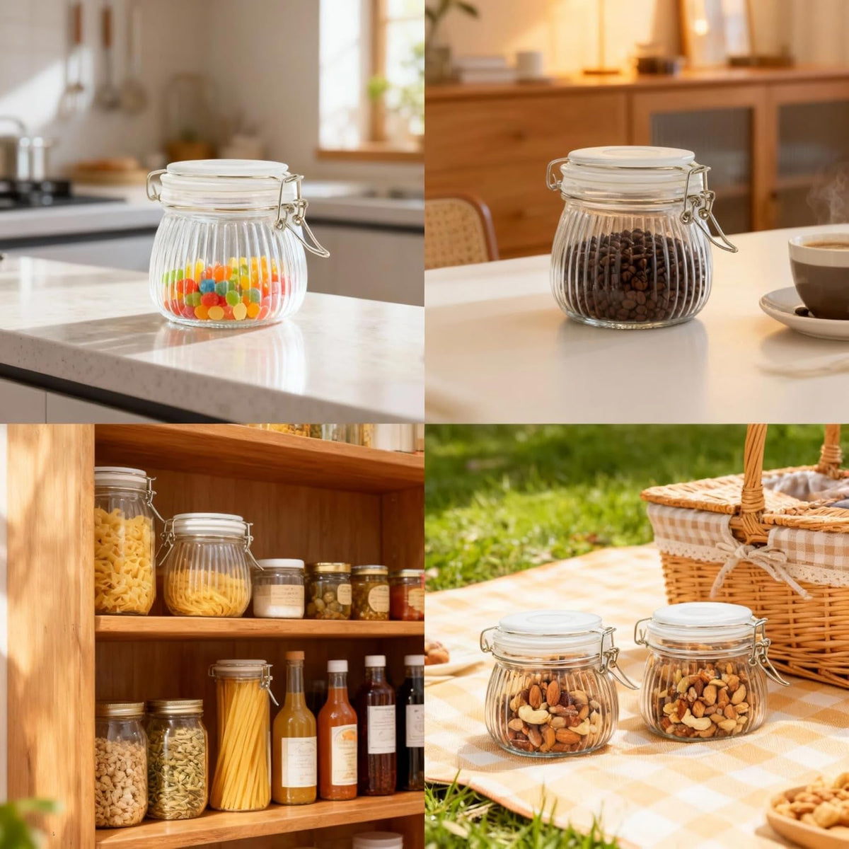 17oz Airtight Glass Jars, 6 Pack Clamp Lid Canisters, Small Food Storage Containers for Spices, Nuts, Snacks, Canning Jar for Jams & Pickling, Pantry Organization