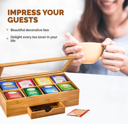 Tea Bag Organizer with Drawer - Bamboo Tea Box Organizer, 8-Compartment Tea Storage Box with Acrylic Lid and Magnetic Closure, Tea Box for Kitchen Counter, Gifts for Mom, Wife, Tea Lovers