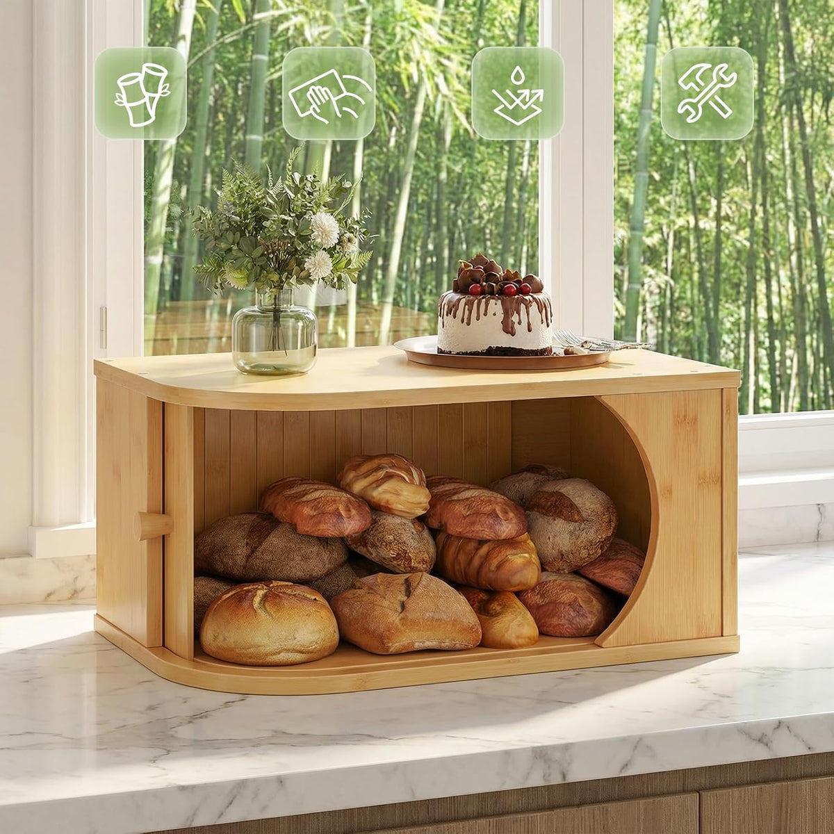 HOOBRO Bread Box, Bamboo Bread Box for Kitchen Countertop, Corner Bread Box with Roller Door, Bread Storage Container, Bamboo Food Storage Cabinet, for Kitchen, Dining Room, Natural YL20MB01