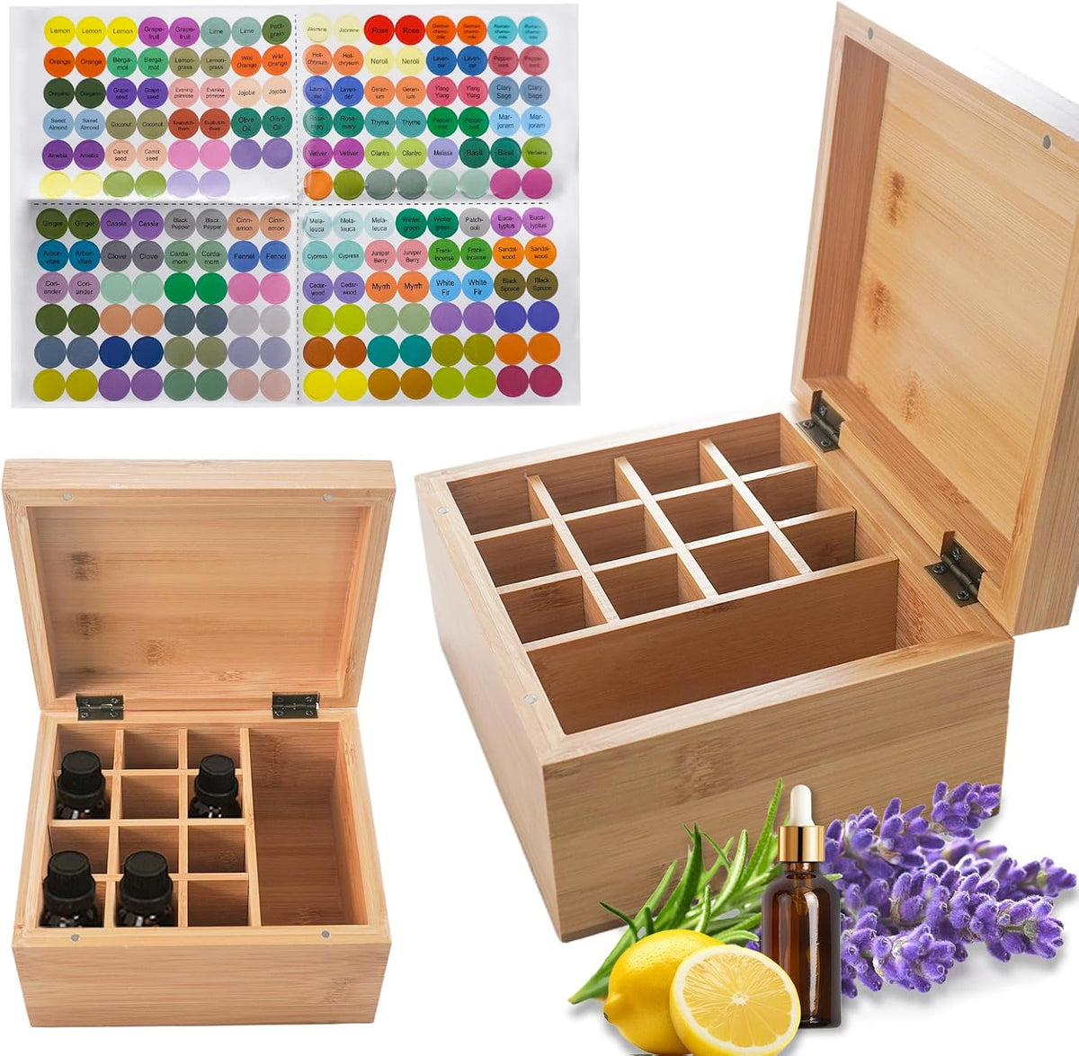 Pure Vie Essential Oil Bamboo Storage Box Travel Display Presentation, Holds 26 Bottles for 5, 10, 15ml - Aromatherapy Organizer Nail Polish Fragrance Container - Keep Your Oils Safe & Space Saver