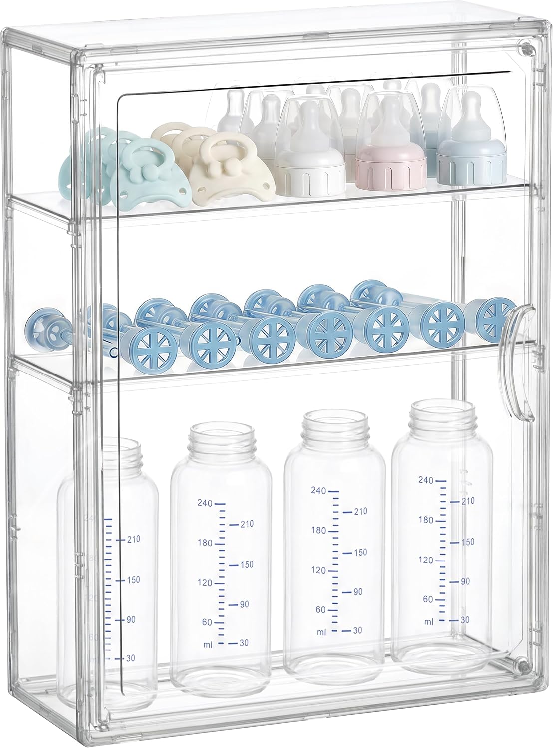 HBlife Baby Bottle Storage Organizer for Countertop Cabinet, 3 Tiers Adjustable Clear Acrylic Bottles Storage Station Case Box Container with 2 Removable Dividers and Magnetic Door, Large