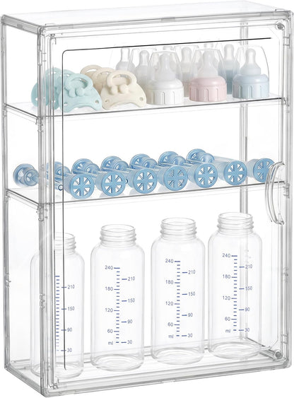 HBlife Baby Bottle Storage Organizer for Countertop Cabinet, 3 Tiers Adjustable Clear Acrylic Bottles Storage Station Case Box Container with 2 Removable Dividers and Magnetic Door, Large