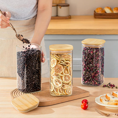 SENTVEND 37 Oz Glass Storage Jars with Bamboo Lids - 6 Pack Clear Glass Canisters Square Airtight Stackable Ideal for Pantry Storage Containers Organizers Great for Storing Oats Coffee Beans Nuts etc
