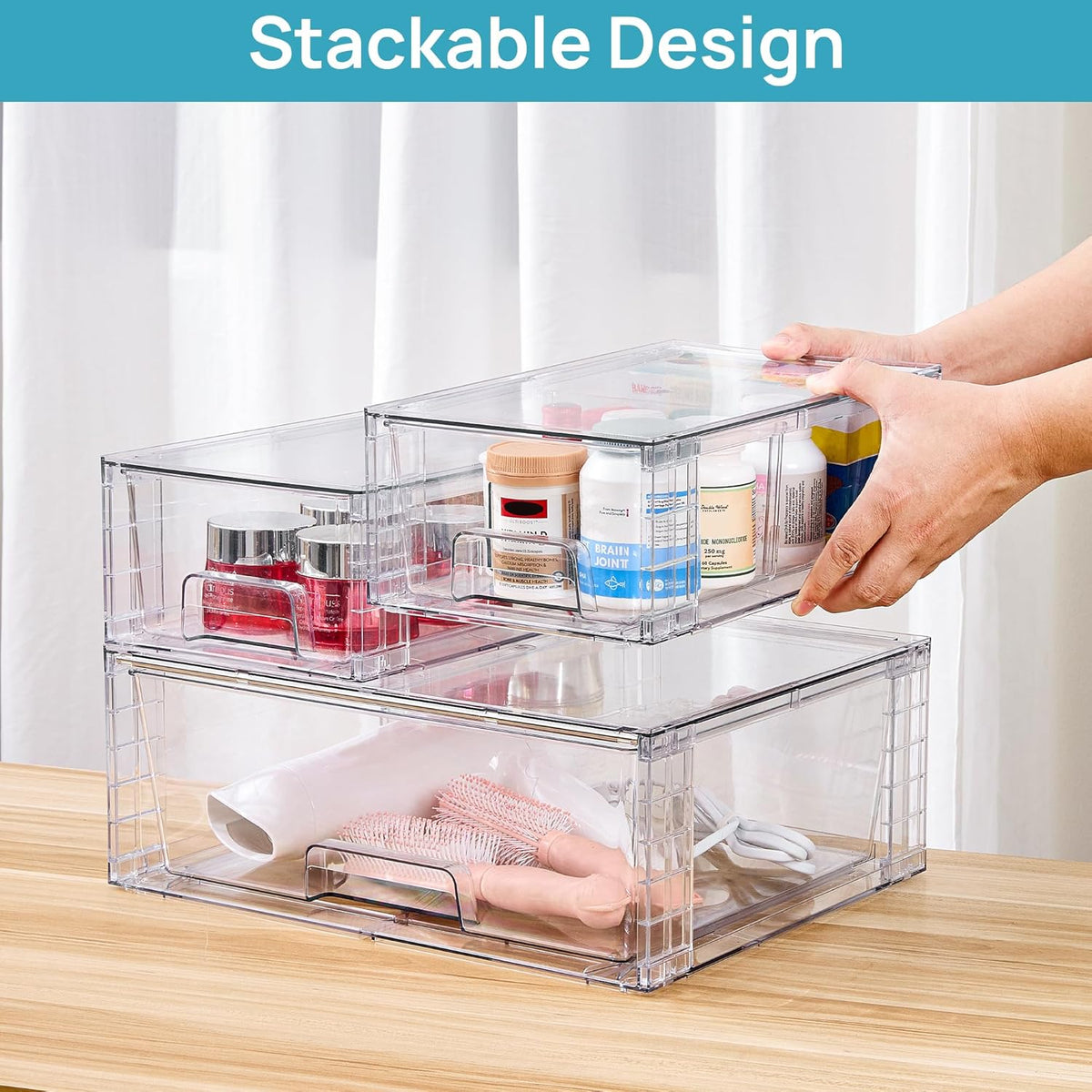 Vtopmart 3 Pack Clear Stackable Storage Drawers,Easy to Assemble Bathroom Organizers and Storage with handles,Plastic Drawers for Kitchen Pantry,Cabinet,Under Sink Organization