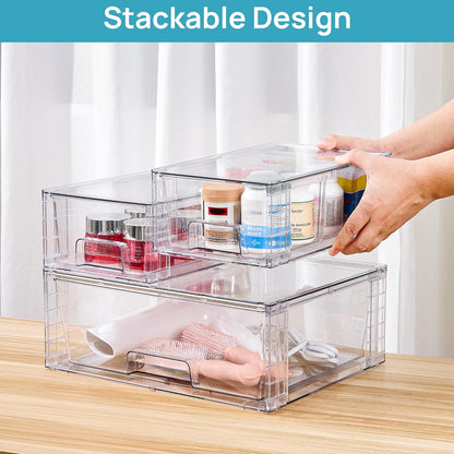 Vtopmart 3 Pack Clear Stackable Storage Drawers,Easy to Assemble Bathroom Organizers and Storage with handles,Plastic Drawers for Kitchen Pantry,Cabinet,Under Sink Organization