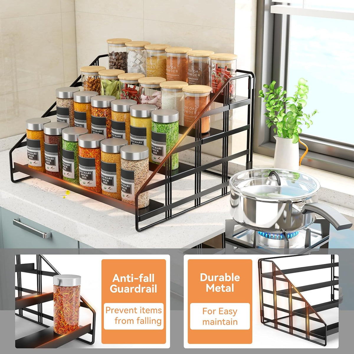 Bunoxea 4 Tier Adjustable Spice Rack for Cabinet & Countertop, Black | Depth Adjustable,Anti-drop Guard Rail,Tiered Cabinet Organizer,Holds 24+ Jars,for Cabinet, Pantry & Kitchen Countertop