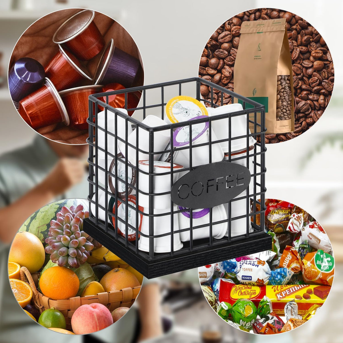 YINMIT K Cup Holder Organizer, Sturdy Coffee Pod Holder Organizer, 35 Kcup Large Capacity Storage Basket for Kitchen Counter and Office Desktop (Circular Grid)