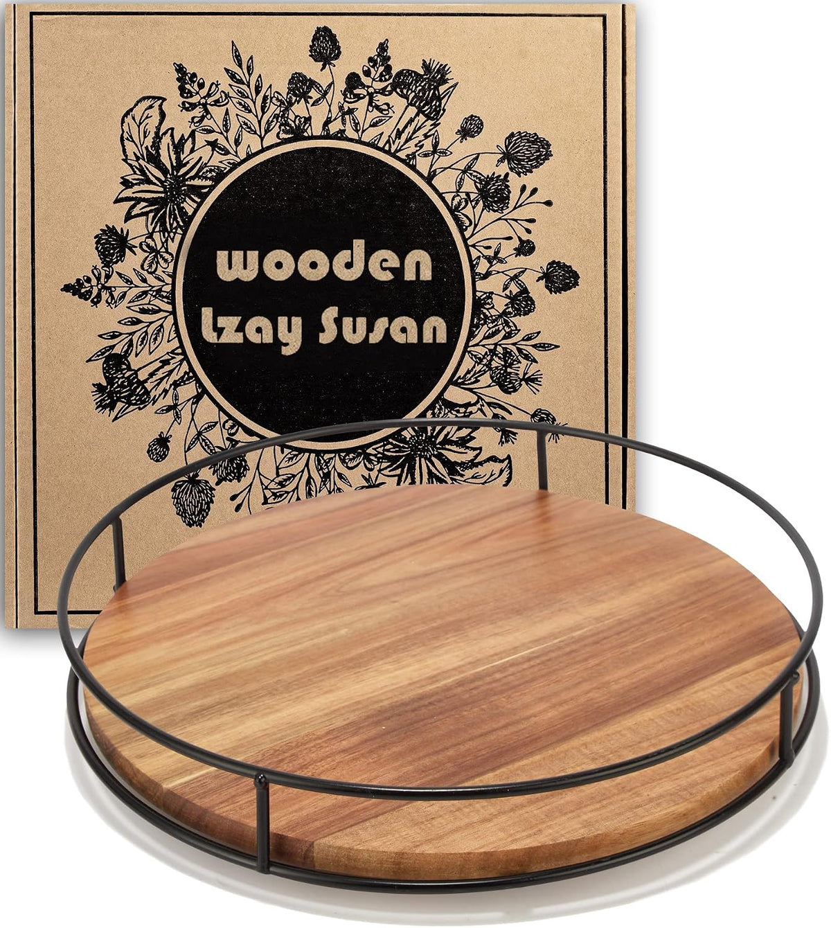 9" Acacia Wood Lazy Susan Turntable, Tomoaza Kitchen Organizer Turntable with Steel Sides, 360 Degree Lazy Susan for Countertop Cabinet or Dining Table