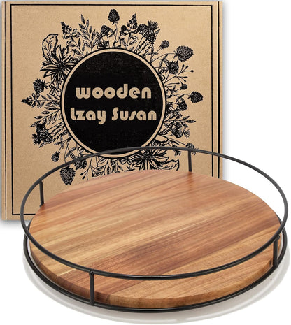9" Acacia Wood Lazy Susan Turntable, Tomoaza Kitchen Organizer Turntable with Steel Sides, 360 Degree Lazy Susan for Countertop Cabinet or Dining Table