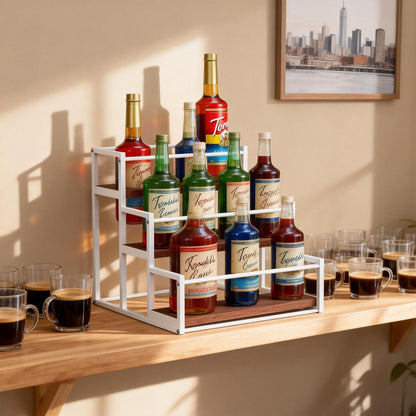 THYGIFTREE Coffee Syrup Rack Organizer 2-Tier 10 Syrup Bottles Holder Stand Metal with Wood Base for Coffee Bar Storage Shelves for Kitchen Countertop Matte Black