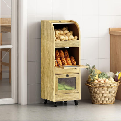 Movable Potato and Onion Storage Box with Wheels,Wooden Vegetable Storage Box,Food Storage Room with Grocery Area,Sliding Design,Modern Farmhouse Style，Suitable for Kitchen (potato bin-Walnut-02)