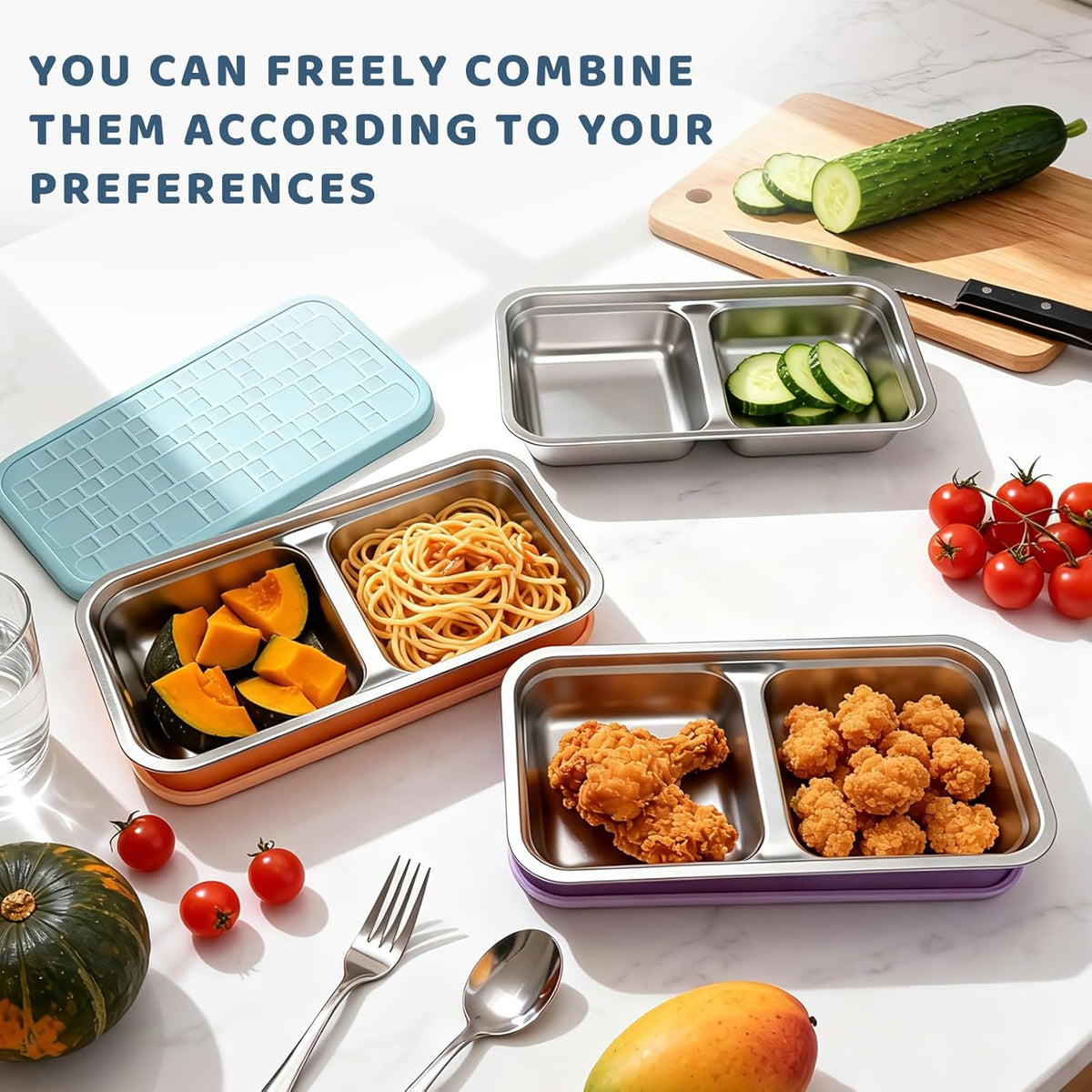 3 Pack 15 oz Stainless Steel Snack Containers for Kids, Reusable Metal Snack Containers with Silicone Lids, 2 Compartment Stackable Metal Toddler Lunch Box for Daycare, School and Outdoor
