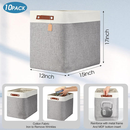 Uiifan 10 Pcs Collapsible Storage Bins Fabric Foldable Storage Basket with Handles Cloth Organizer Linen Shelf Baskets for Shelves Home Closet Nursery Toys(16 x 12 x 10 Inch,Gray and White)