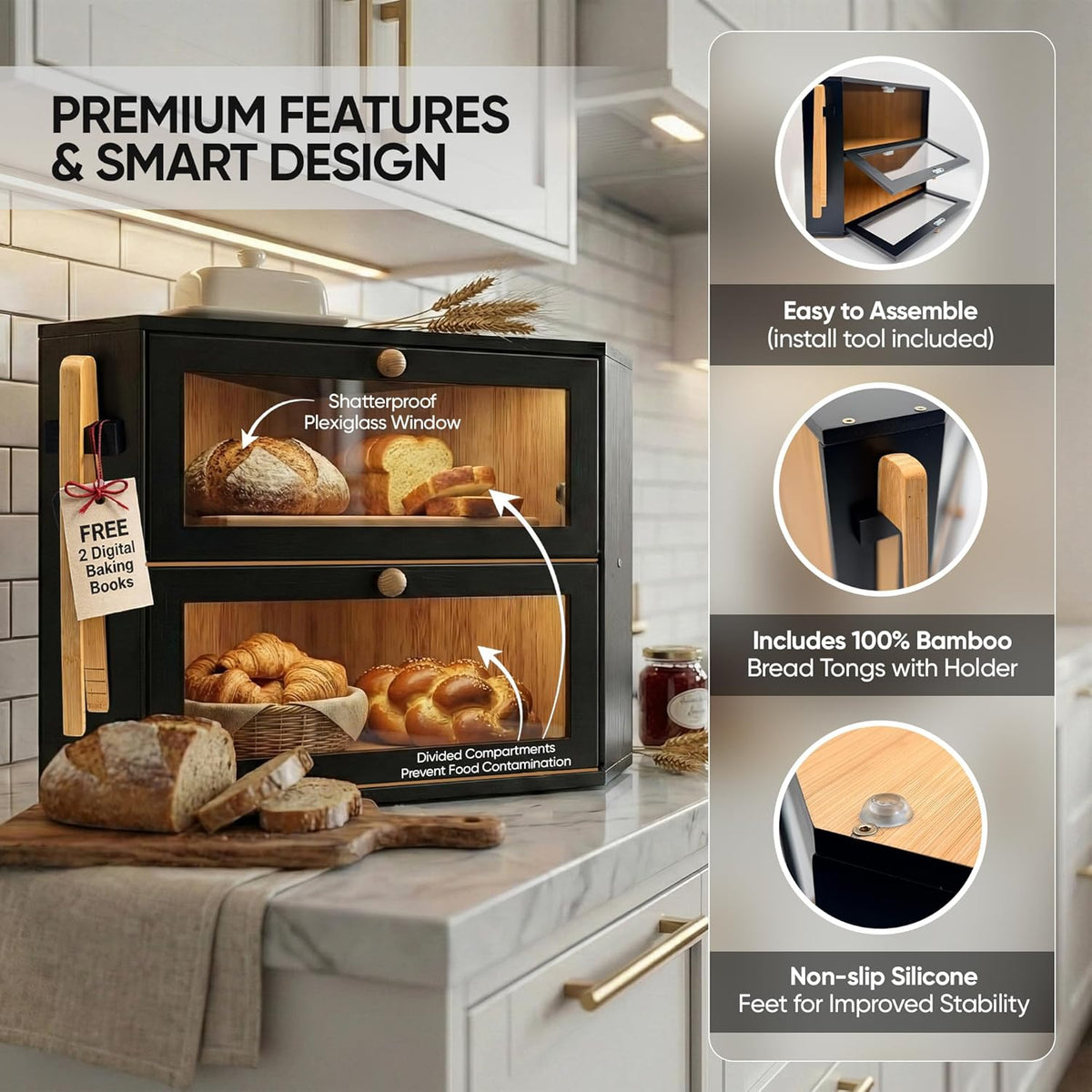 Corner Bread Box for Kitchen Countertop – Bamboo Bread Box with Airtight Design, Dual Divided Compartments, Magnetic Closures, Non-Slip Feet, Clear Windows, Tongs & 2 Free Baking Books -Black