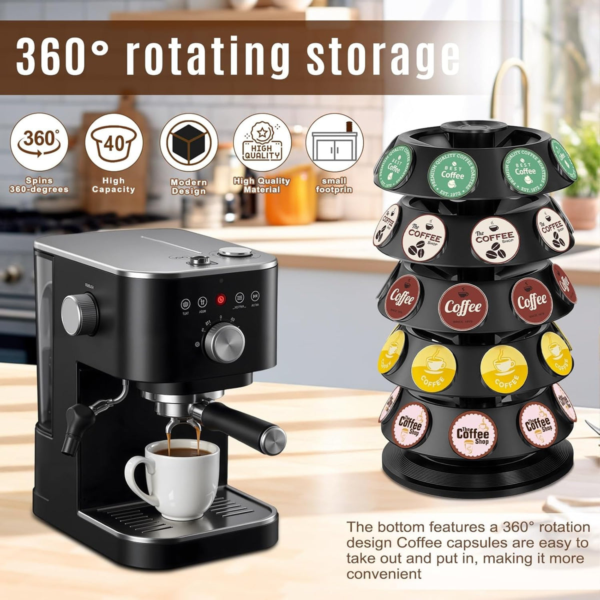 K Cup Holder, Coffee Pod Storage Carousel Holder Organizer Compatible with 40 Keurig K-Cup Pods, Home or Office Kitchen Counter Organizer