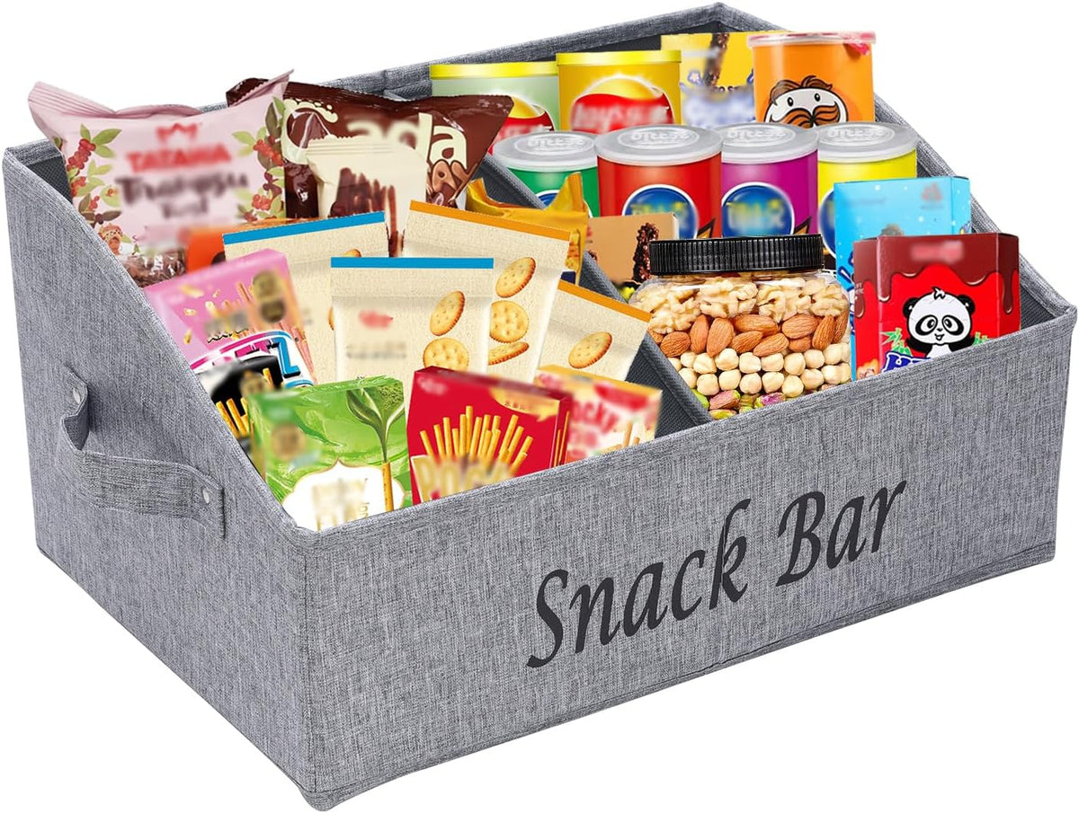 Snack Organizer for Countertop, Fabric Snack Organizer with Handles, 2 Large Compartment Snack Container Snack Basket, Snack Bar Station Decor, Kitchen Pantry Organizer and Storage, Black