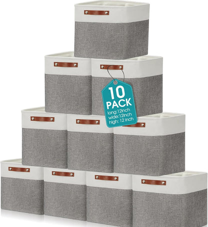 Uiifan 10 Pcs Collapsible Storage Bins Fabric Foldable Storage Basket with Handles Cloth Organizer Linen Shelf Baskets for Shelves Home Closet Nursery Toys(16 x 12 x 10 Inch,Gray and White)