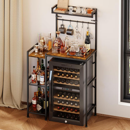 Yuyetuyo Mini Fridge Stand with Storage Shelves, Wine Cabinet, Microwave Stand, Coffee Bar, TV Stand, Bakers Rack, Beverage Refrigerator Table Adjustable for Dorm Apartment Kitchen Rustic Brown