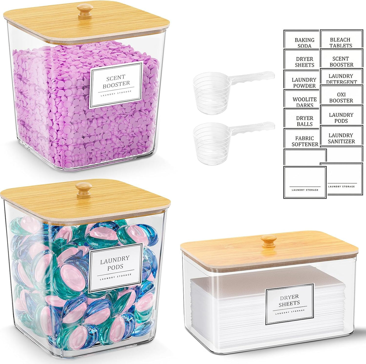 HomePekite Laundry Pods Storage Container, Clear Laundry Room Organization and Storage,Detergent Powder Container,with Wooden Lids & Labels, 3+