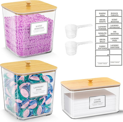 HomePekite Laundry Pods Storage Container, Clear Laundry Room Organization and Storage,Detergent Powder Container,with Wooden Lids & Labels, 3+