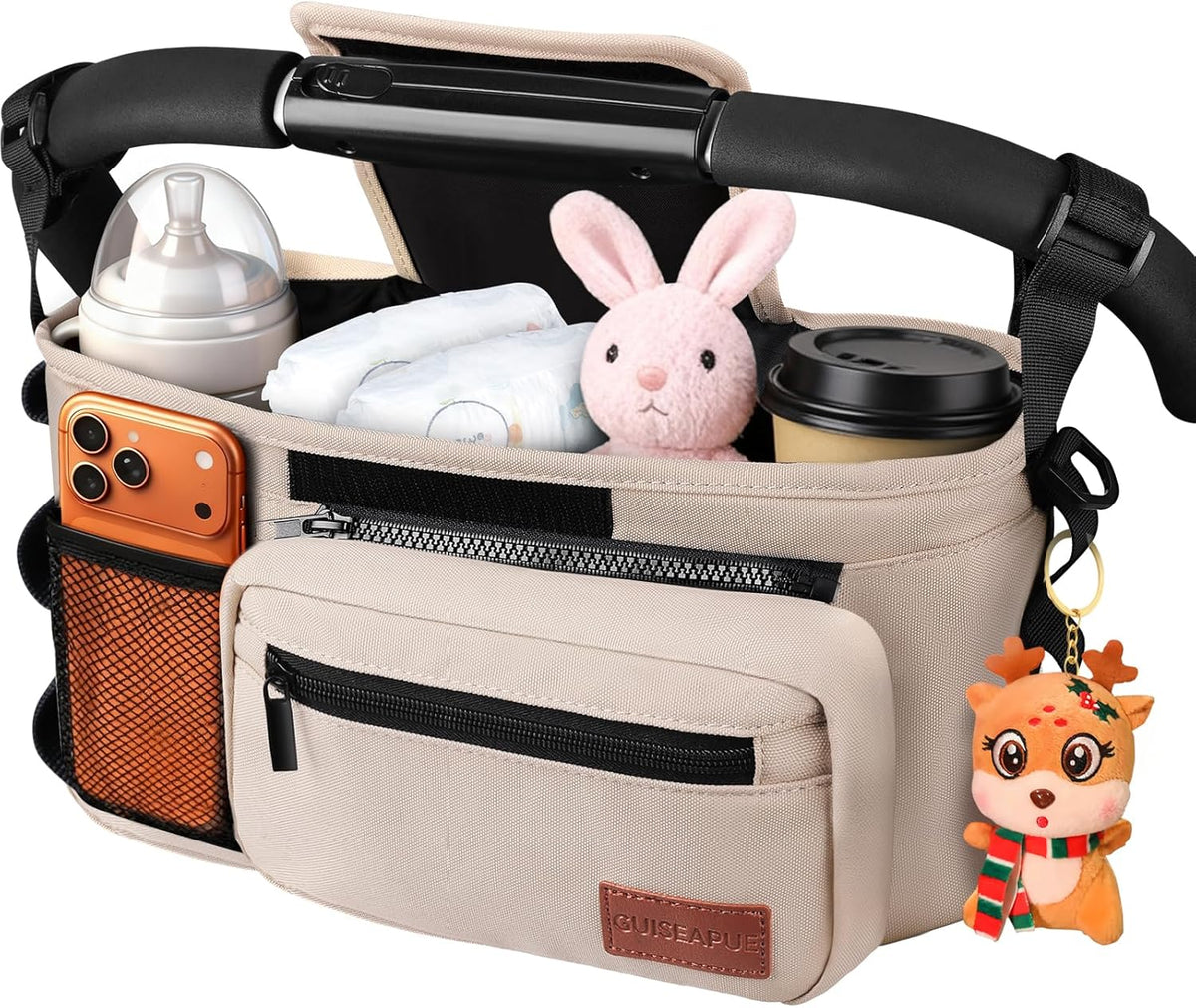 Guiseapue Universal Stroller Organizer with Cup Holder: Baby Essentials, Stroller Caddy Accessories with Detachable Phone Bag, Non-Slip Straps, Fits for Uppababy, Baby Jogger, New Moms Baby Gifts