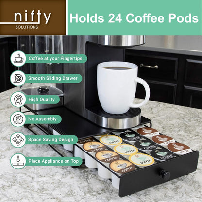 Nifty Coffee Pod Drawer – Compatible with K-Cups, 36 Pod Pack Holder, Non-Rolling, Compact Under Coffee Pot Storage Sliding Drawer, Home Kitchen Counter Organizer, Black