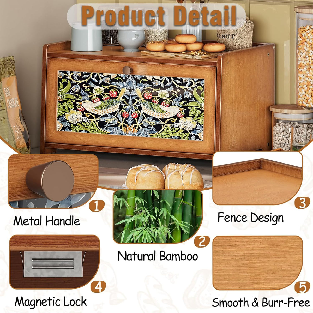 Trironsun Bread Box for Kitchen Counter Black Bread Storage Container with Acrylic Door William Morris Flower Bird Design Farmhouse Breadbox Organizer (Black)