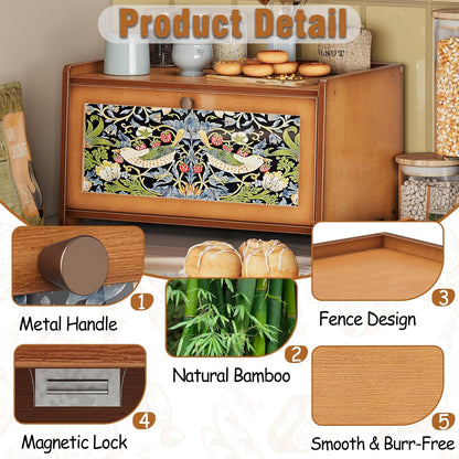 Trironsun Bread Box for Kitchen Counter Black Bread Storage Container with Acrylic Door William Morris Flower Bird Design Farmhouse Breadbox Organizer (Black)
