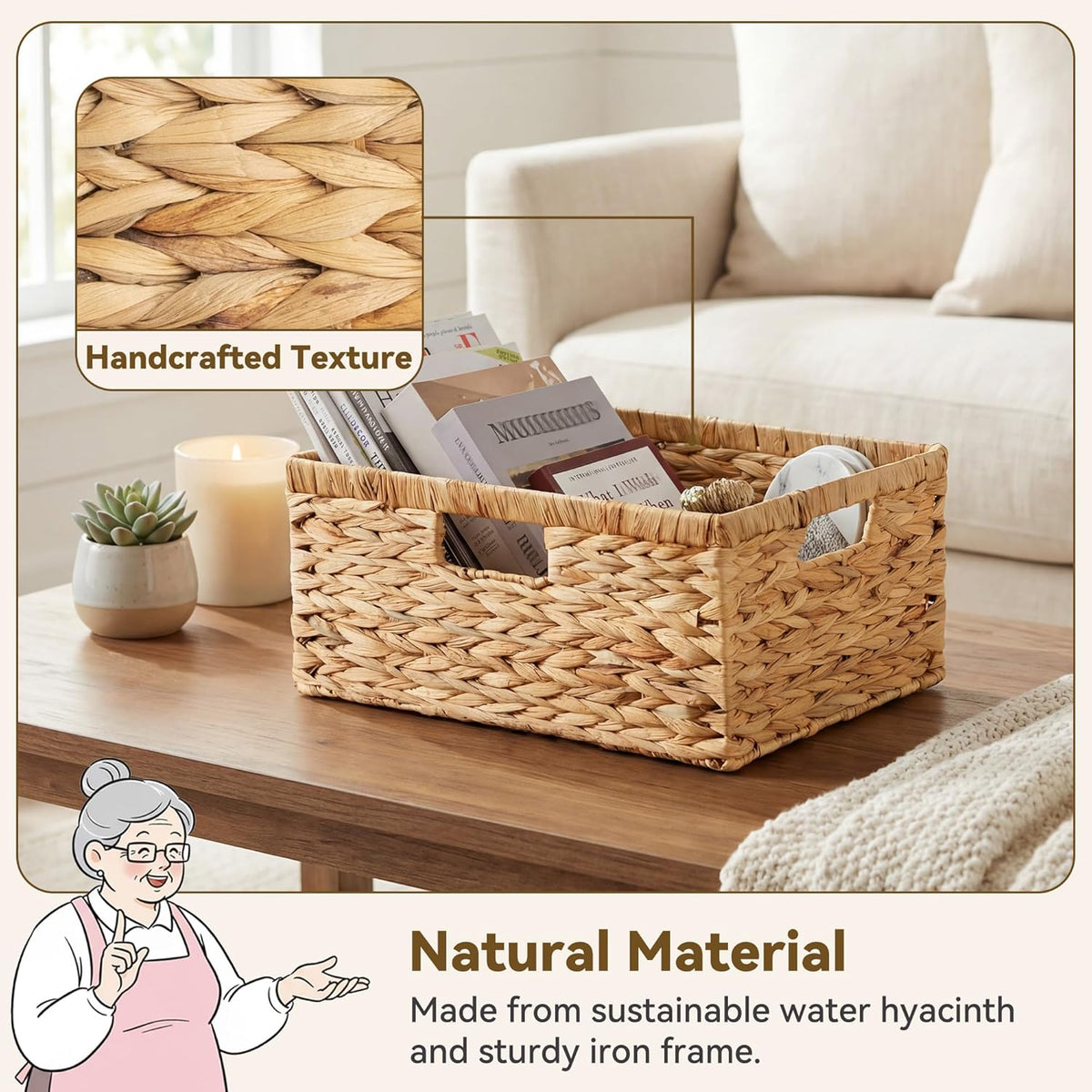 GRANNY SAYS Wicker Storage Baskets for Shelves, Wicker Baskets for Organizing, Waterproof Woven Basket for Pantry, Rectangle Basket for Shlef, Brown, 2-Pack