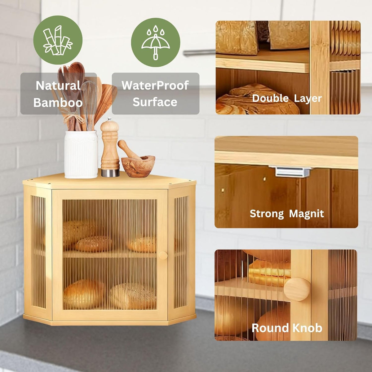 Corner Bread Box for Kitchen Countertop – 2 Tier Large Bamboo Breadbox with Acrylic Wavy Door and Adjustable Shelf | Modern Wooden Storage Bin, Black Farmhouse Kitchen Organizer (Wooden)