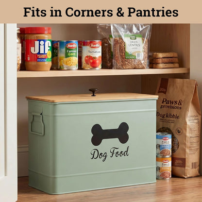 Dog Food Container Airtight 15-20 lb (70 Cup) Capacity with Metal Scoop - Cute Airtight Dog Food Storage Container with Bamboo Lid - Black Metal Kibble Storage Bin for Dogs up to 100 lbs - Big Pet Jar